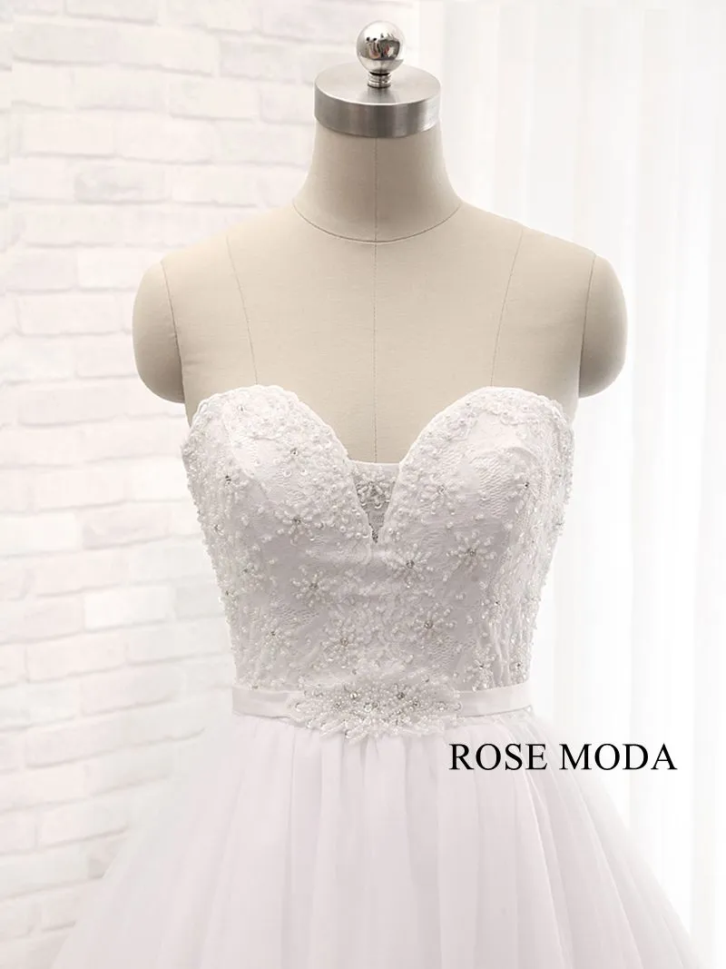 Rosemoda Plunging Sweetheart Delicate Beaded Lace Corset Ball Gown Wedding Dress