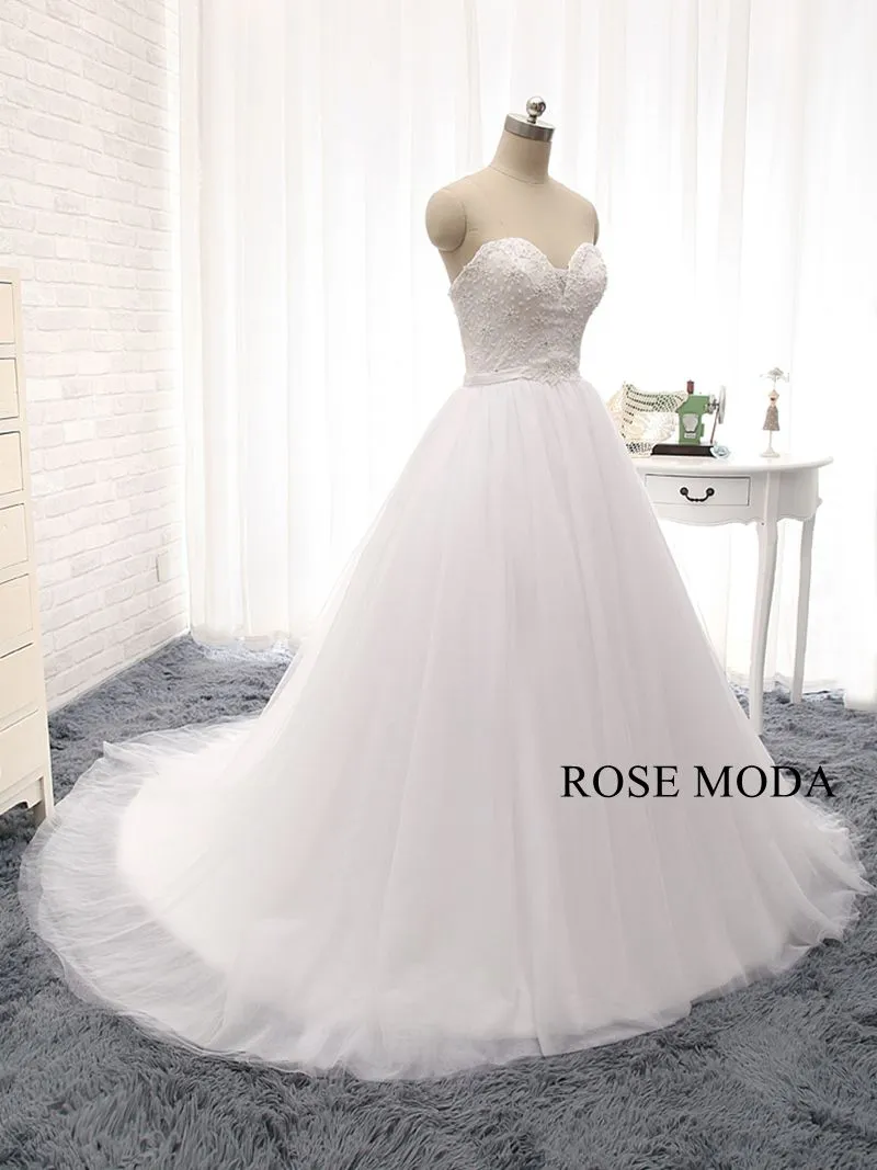 Rosemoda Plunging Sweetheart Delicate Beaded Lace Corset Ball Gown Wedding Dress