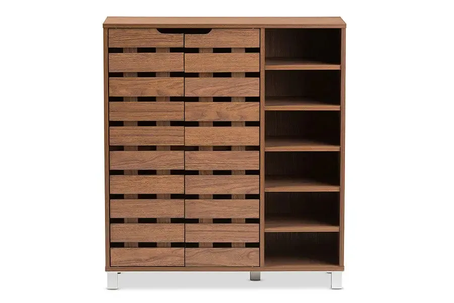 Shirley "Walnut" Medium Brown Wood 2-Door Shoe Cabinet with Open Shelves