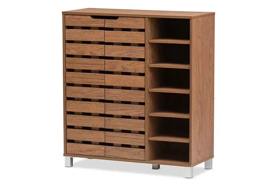 Shirley "Walnut" Medium Brown Wood 2-Door Shoe Cabinet with Open Shelves