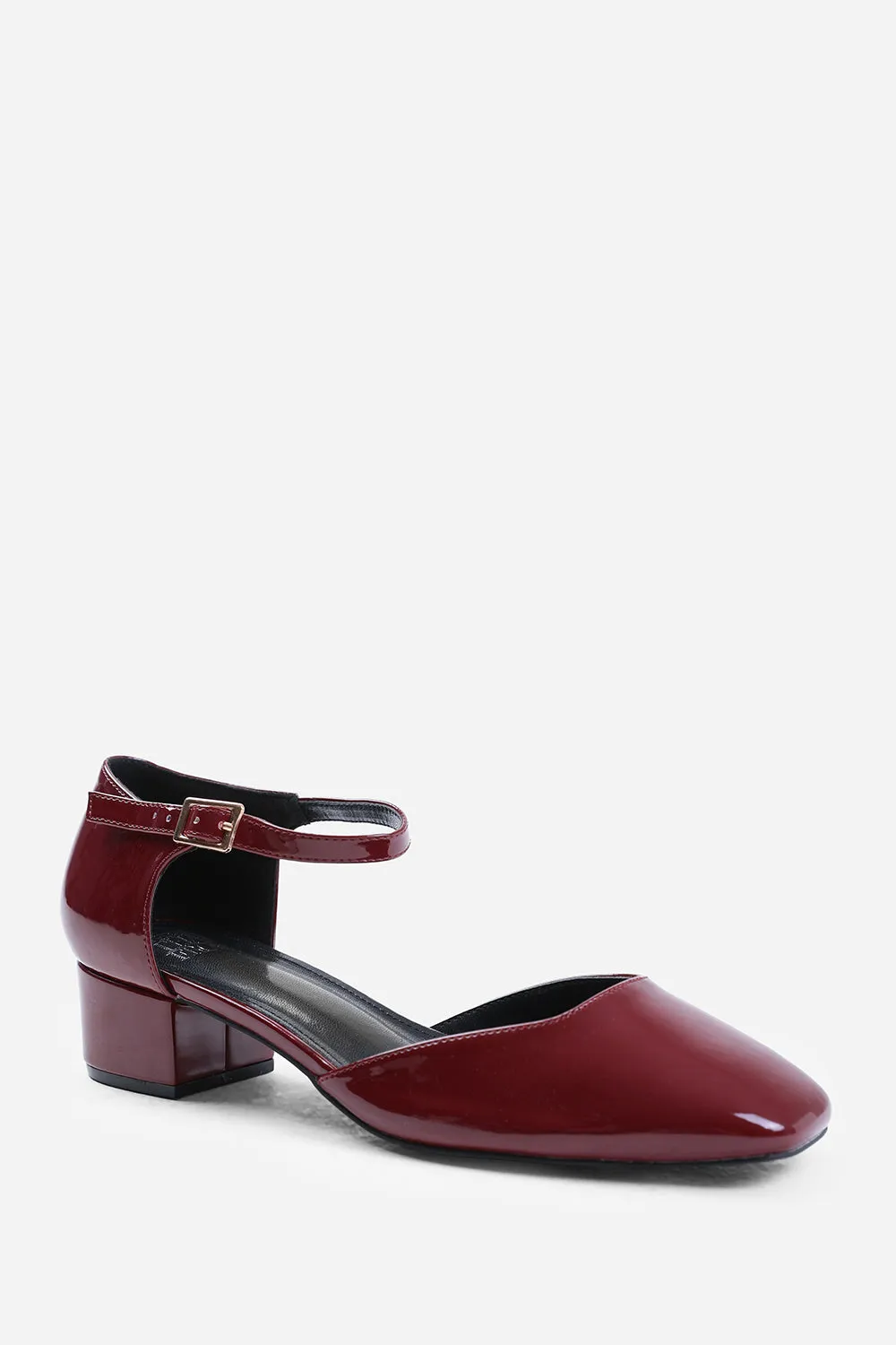 SINGAPORE WIDE FIT SQUARE TOE LOW BLOCK HEEL WITH STRAP IN DEEP CHERRY PATENT