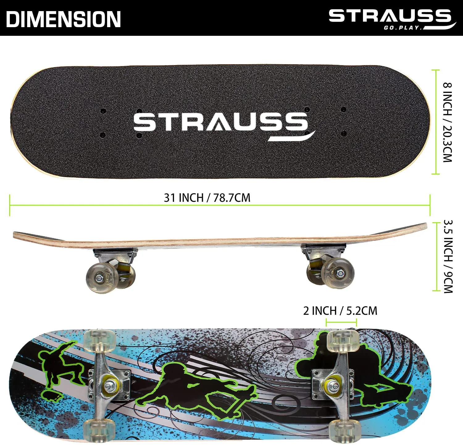 Strauss Bronx BT Lightweight Skateboard with Unique Graphics|31 X 8 Inches with 8 Layer Maple Deck with High Density & Non-Slip Waterproof Grip Tape|2 inch PU Wheels|Suitable for 8 Years and Above