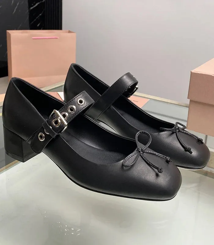 TAVIMART  -  Mary Jane's new retro thick heels, genuine leather, shallow cut women's shoes with a bow and a French style single shoe