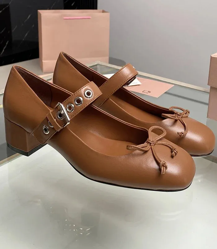 TAVIMART  -  Mary Jane's new retro thick heels, genuine leather, shallow cut women's shoes with a bow and a French style single shoe