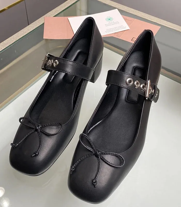 TAVIMART  -  Mary Jane's new retro thick heels, genuine leather, shallow cut women's shoes with a bow and a French style single shoe