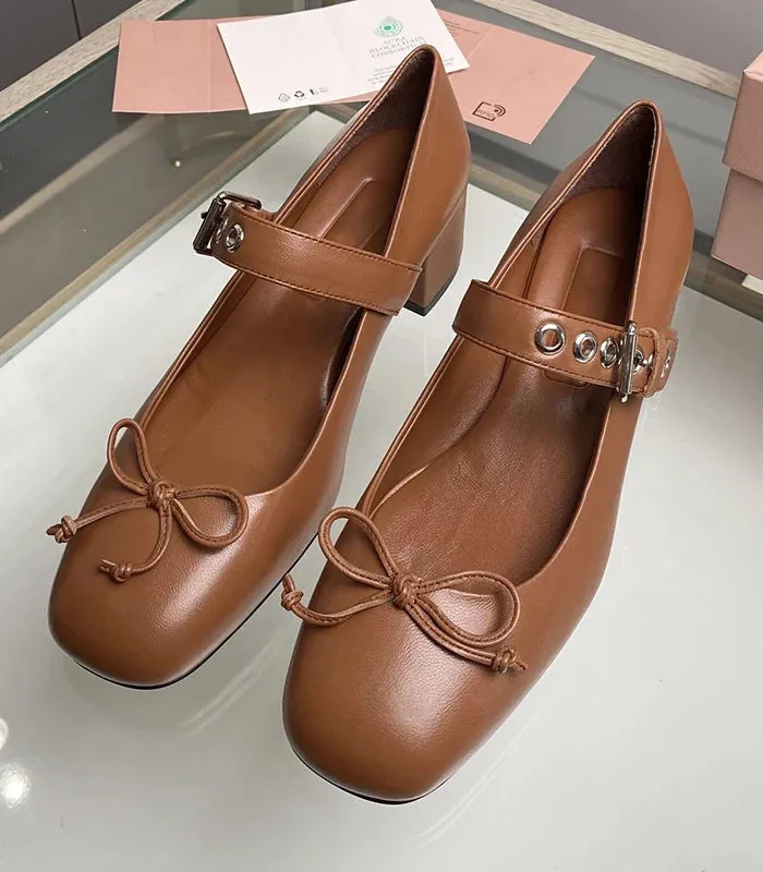 TAVIMART  -  Mary Jane's new retro thick heels, genuine leather, shallow cut women's shoes with a bow and a French style single shoe