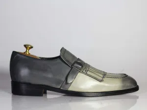 Two Tone Gray Loafer Fringe Monk Strap Leather Men Shoes