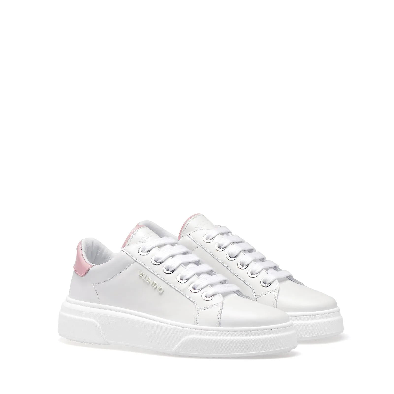 VALENTINO Sneakers lace-up in white and pink calf