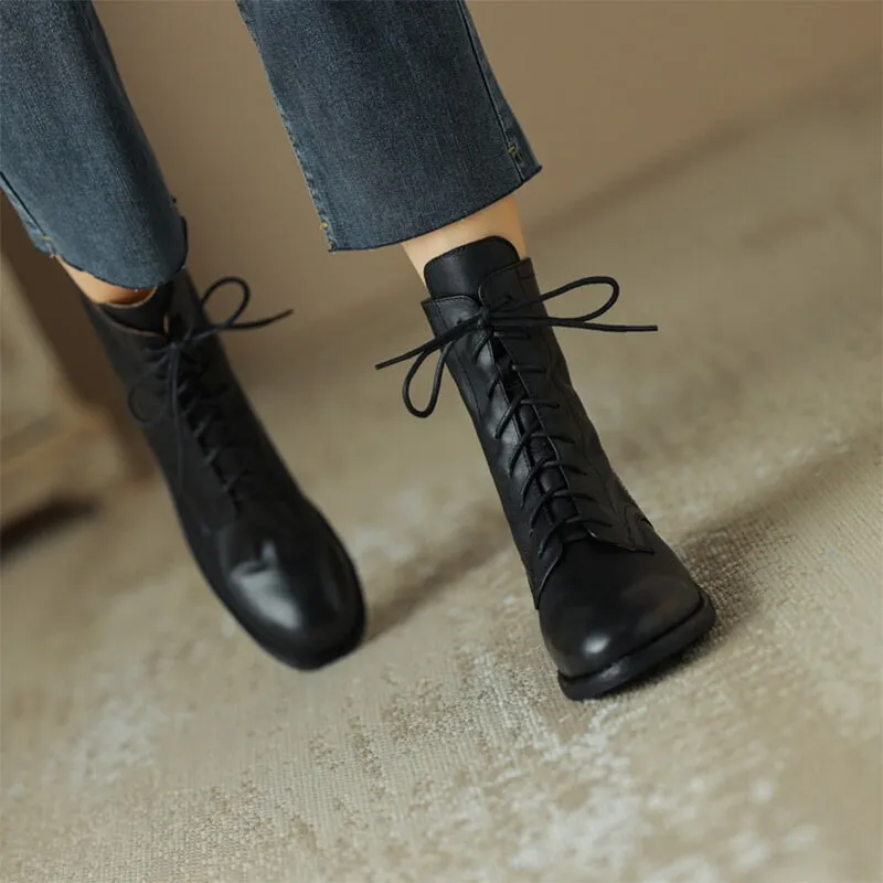 Women Ankle Boots Genuine Leather Lace-Up Round Toe Top Winter Ladies shoes