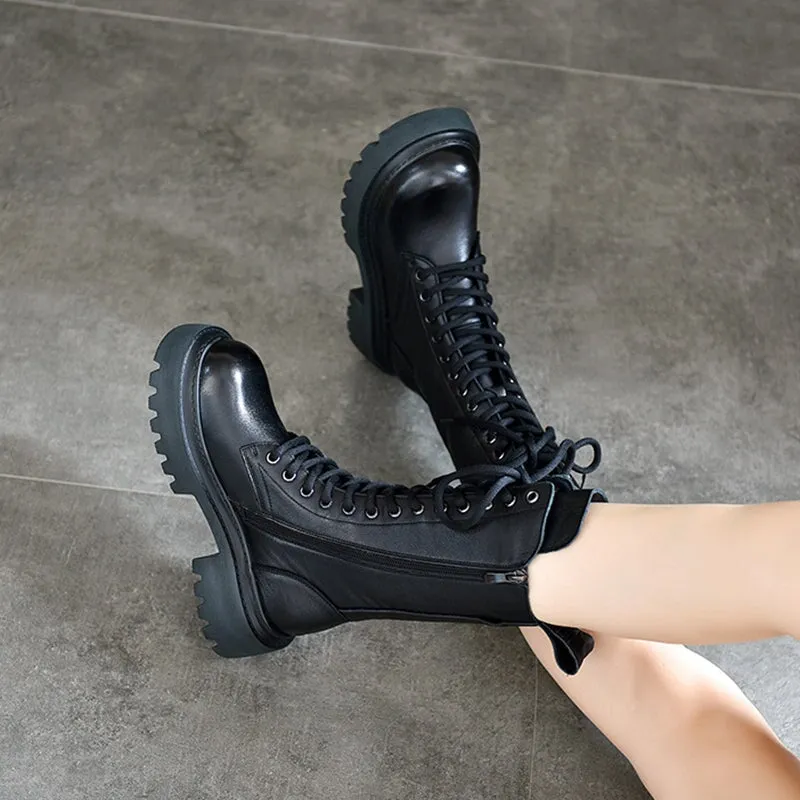 Women Biker Boots Lace-Up Combat Boots Retro Short Boots Handmade Genuine Leather Platform Boots