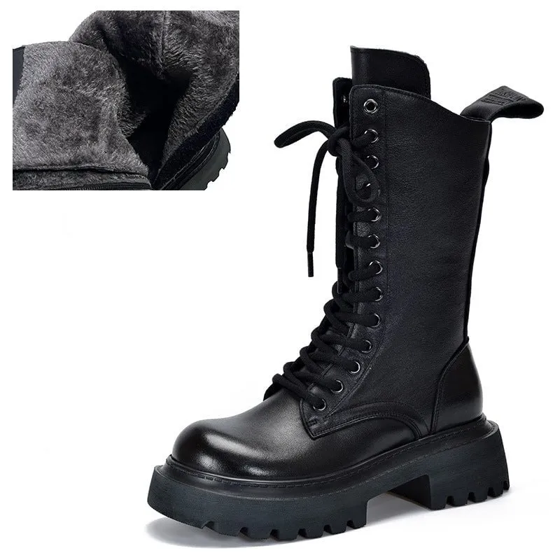 Women Biker Boots Lace-Up Combat Boots Retro Short Boots Handmade Genuine Leather Platform Boots