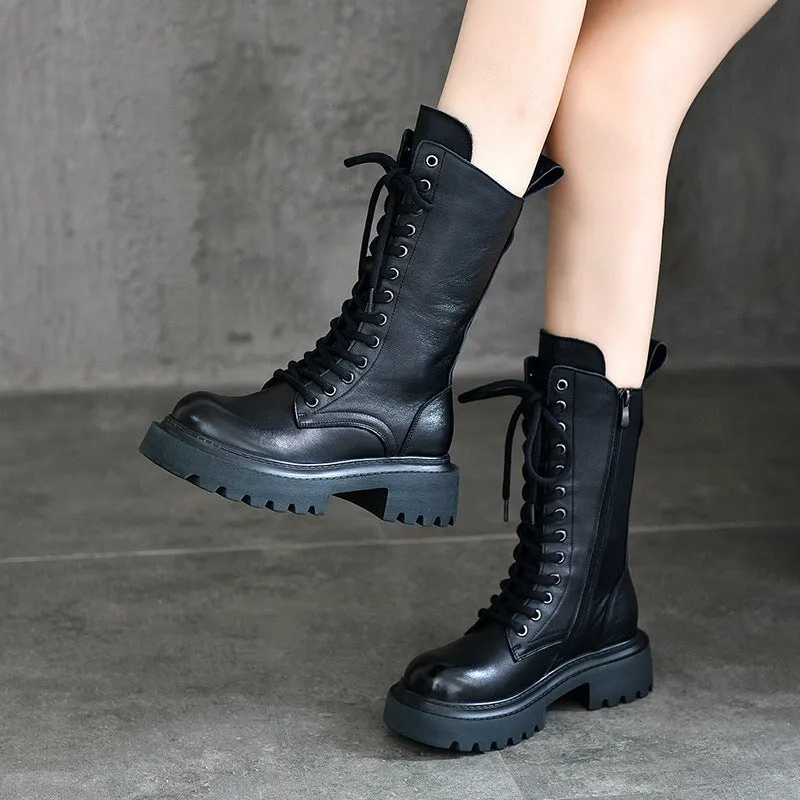 Women Biker Boots Lace-Up Combat Boots Retro Short Boots Handmade Genuine Leather Platform Boots