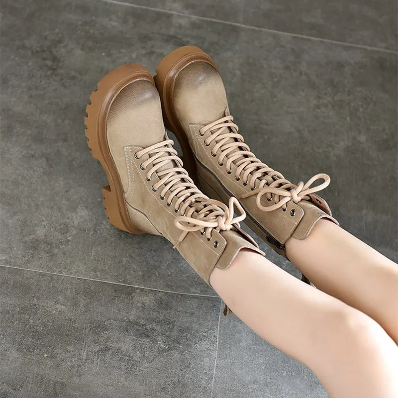 Women Biker Boots Lace-Up Combat Boots Retro Short Boots Handmade Genuine Leather Platform Boots