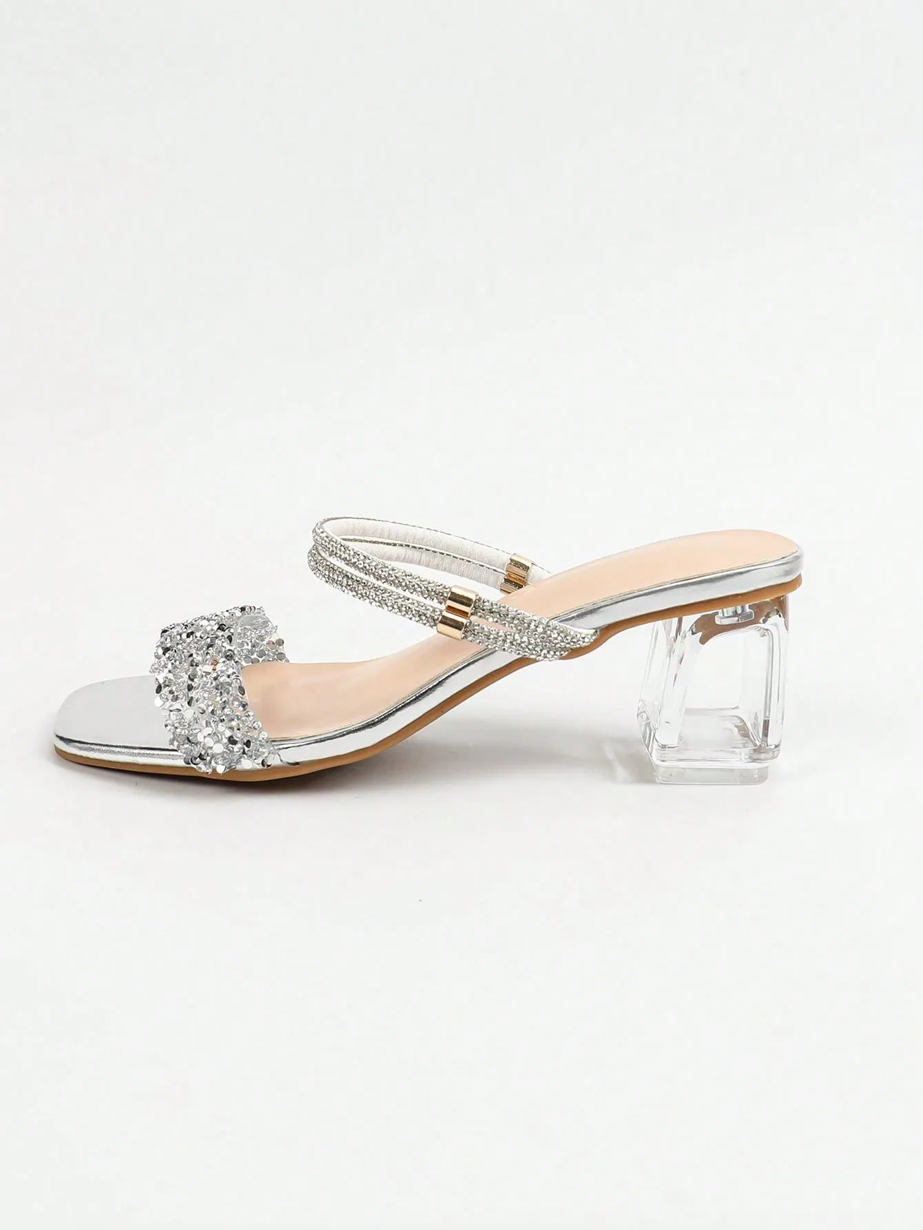 Women's Fashion Crystal Chunky Heeled Sandals, Rhinestone Fairy Style Dual-Purpose Slippers, Shiny Open-Toe Shoes New Style All-Match Gorgeous Party Shoes, Silver