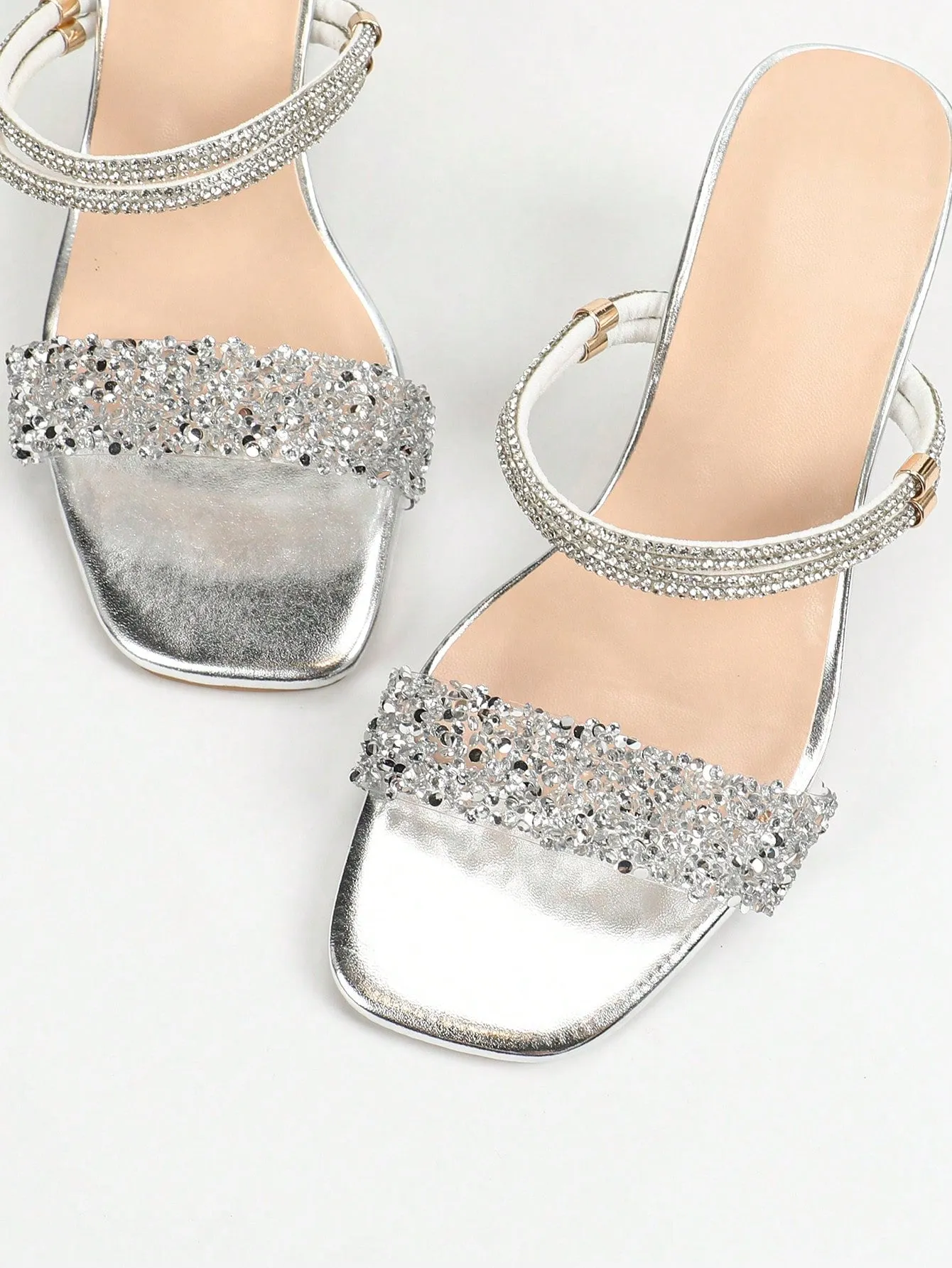 Women's Fashion Crystal Chunky Heeled Sandals, Rhinestone Fairy Style Dual-Purpose Slippers, Shiny Open-Toe Shoes New Style All-Match Gorgeous Party Shoes, Silver