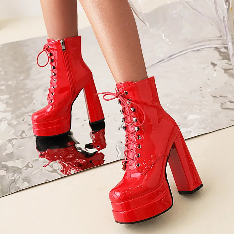 Women's Glossy Square Toe Tied Belts Chunky Heel Platform Short Boots