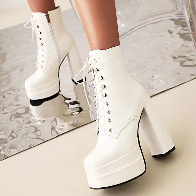 Women's Glossy Square Toe Tied Belts Chunky Heel Platform Short Boots