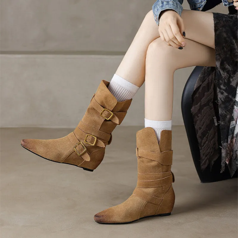 Womens Suede Leather Mid Calf Boots 45mm Block Heel with Buckles In Khaki/Brown