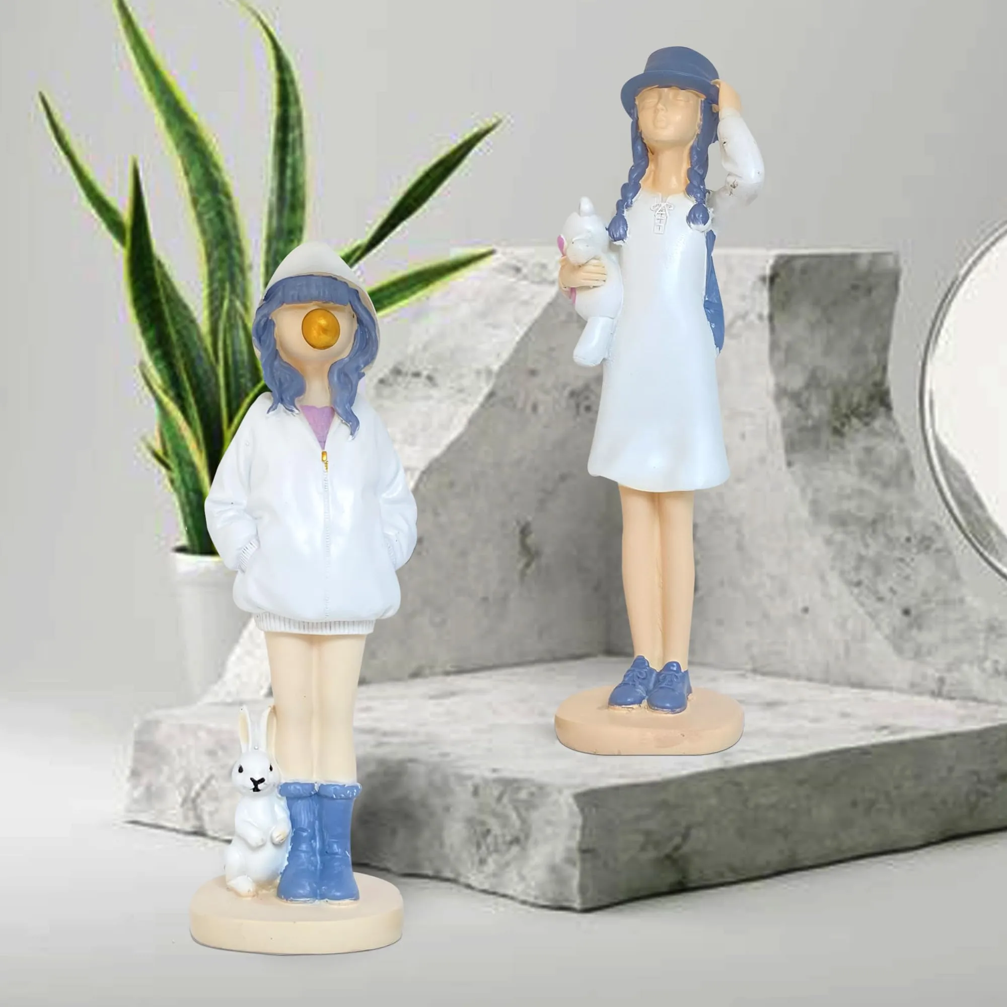 Xtore Cute Girls Statue for Home Decor | Table Decor (Pack of 2, White & Blue)