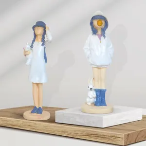 Xtore Cute Girls Statue for Home Decor | Table Decor (Pack of 2, White & Blue)