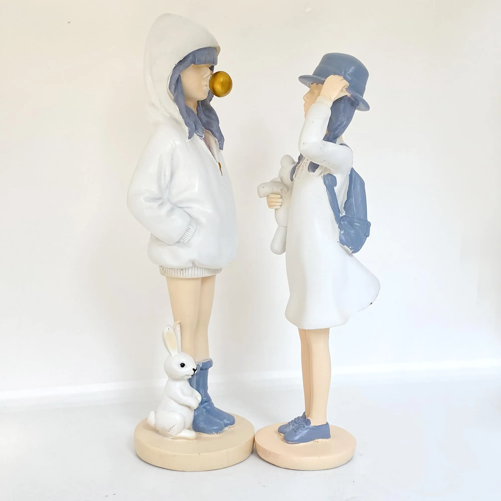 Xtore Cute Girls Statue for Home Decor | Table Decor (Pack of 2, White & Blue)