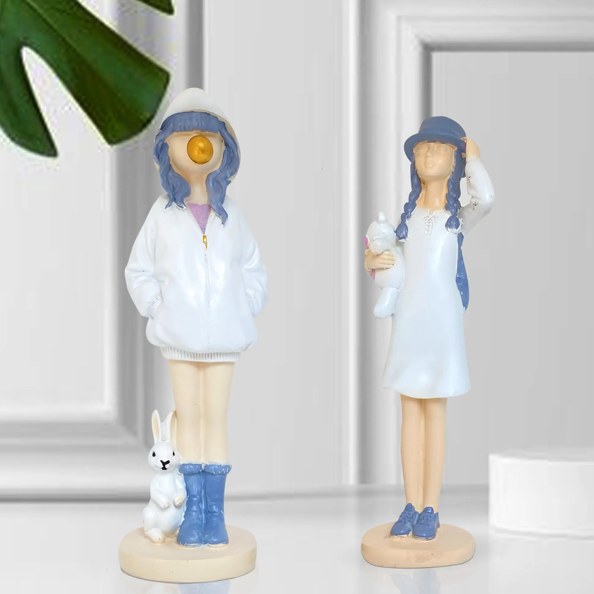 Xtore Cute Girls Statue for Home Decor | Table Decor (Pack of 2, White & Blue)