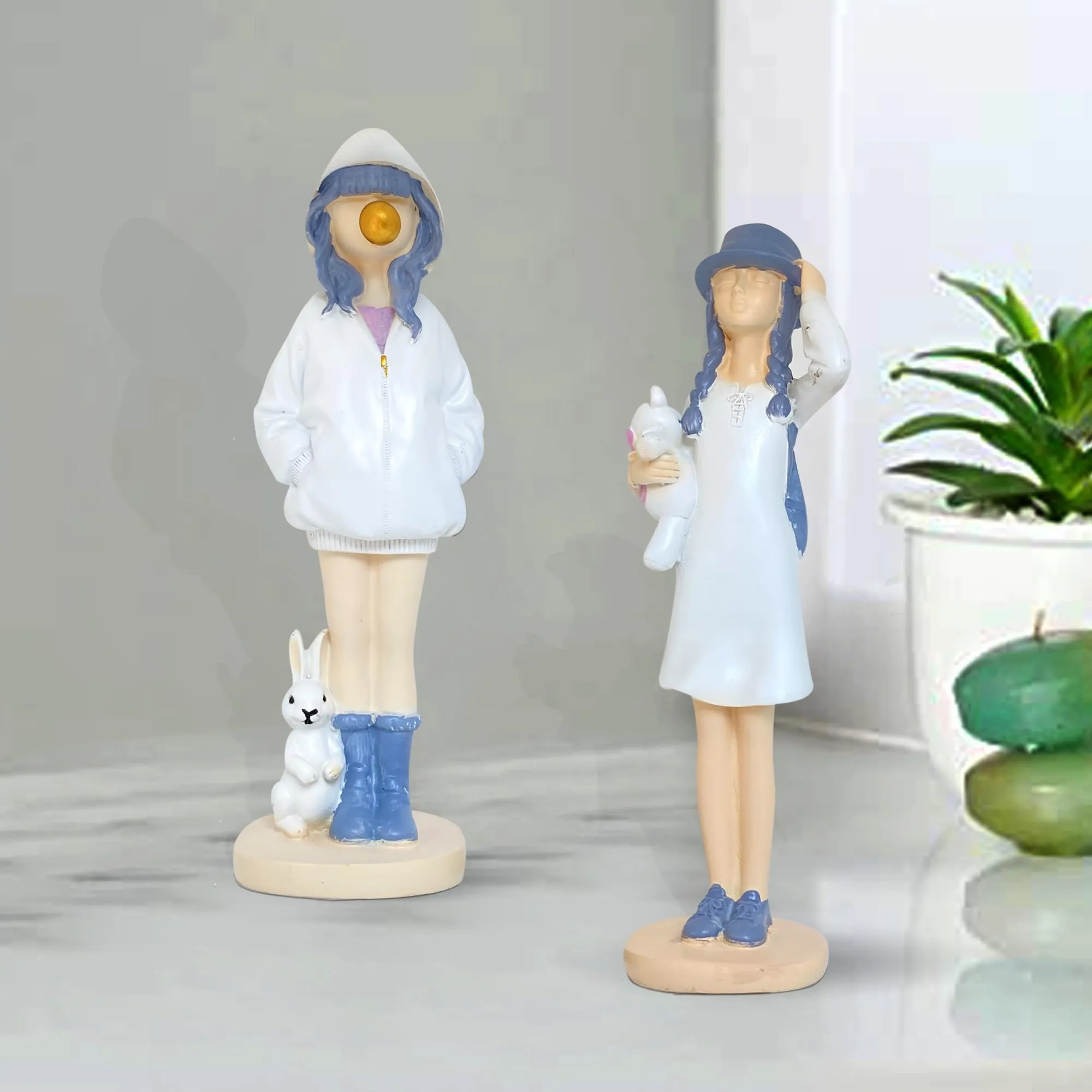 Xtore Cute Girls Statue for Home Decor | Table Decor (Pack of 2, White & Blue)